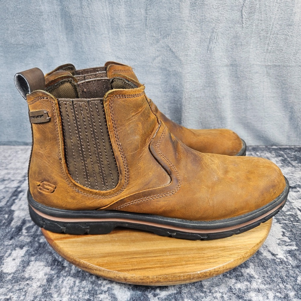 Skechers Relaxed Fit Segment Brown Leather Round Toe Pull On Boot Mens Size 14